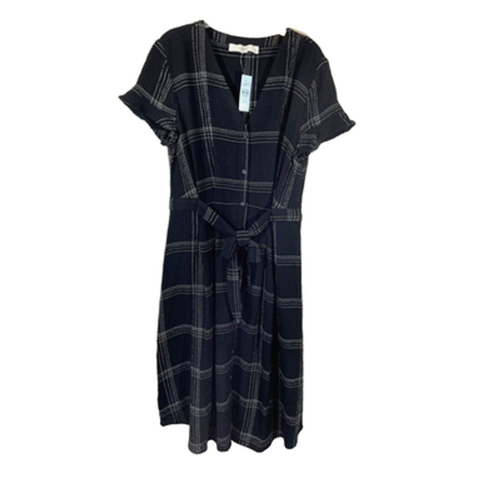 NWT Ann Taylor Loft Midi Dress Sz 4P Petites Black Check Button Front Tie Waist